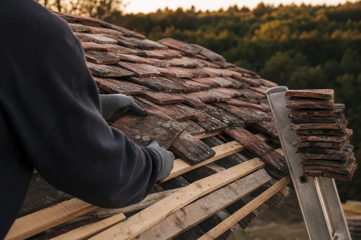 Mains gantées d&rsquo;un couvreur reposant des tuiles plates de récupération sur un versant