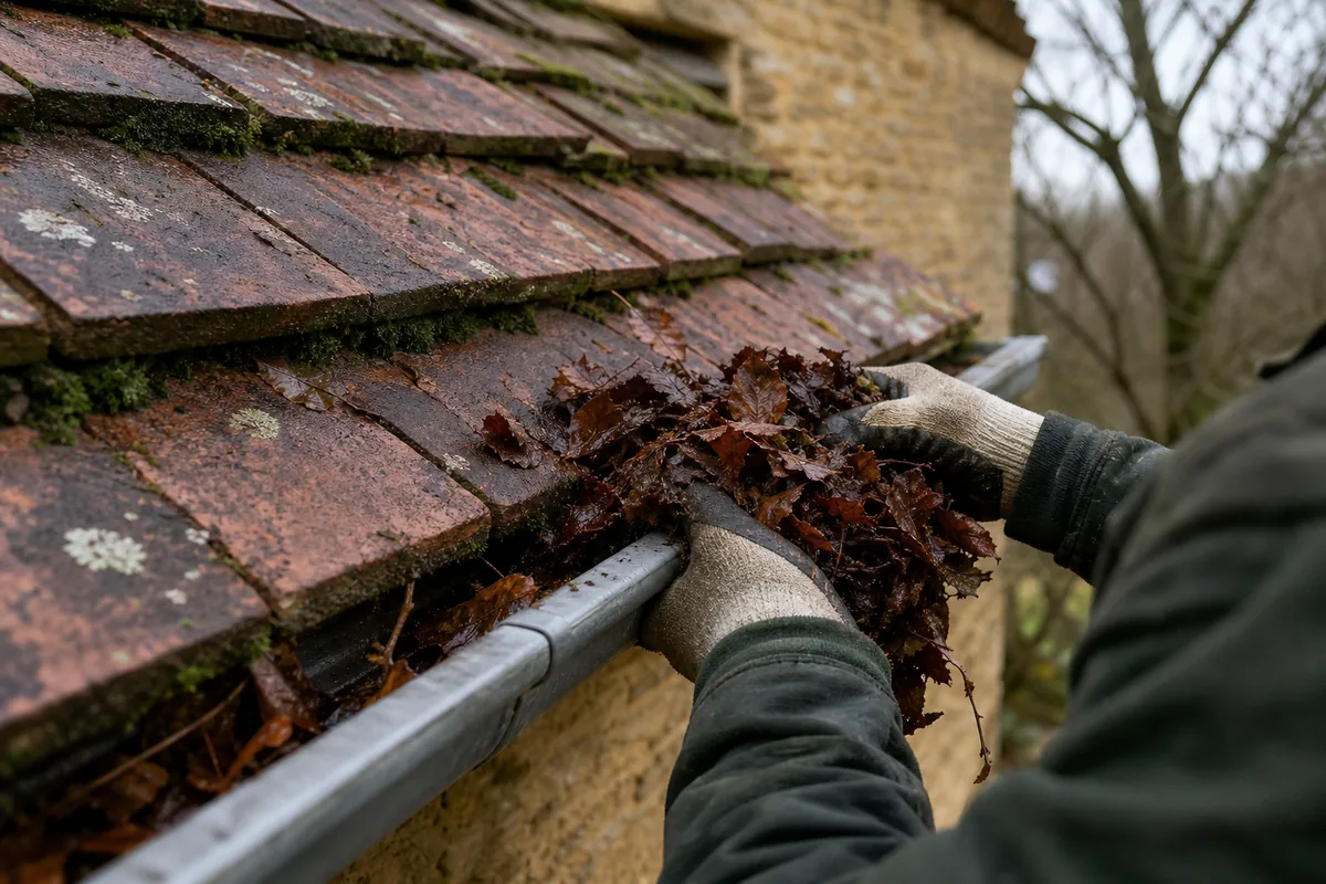 Gouttière en zinc d’une maison de Barbizon encombrée de feuilles mortes en fin d’automne