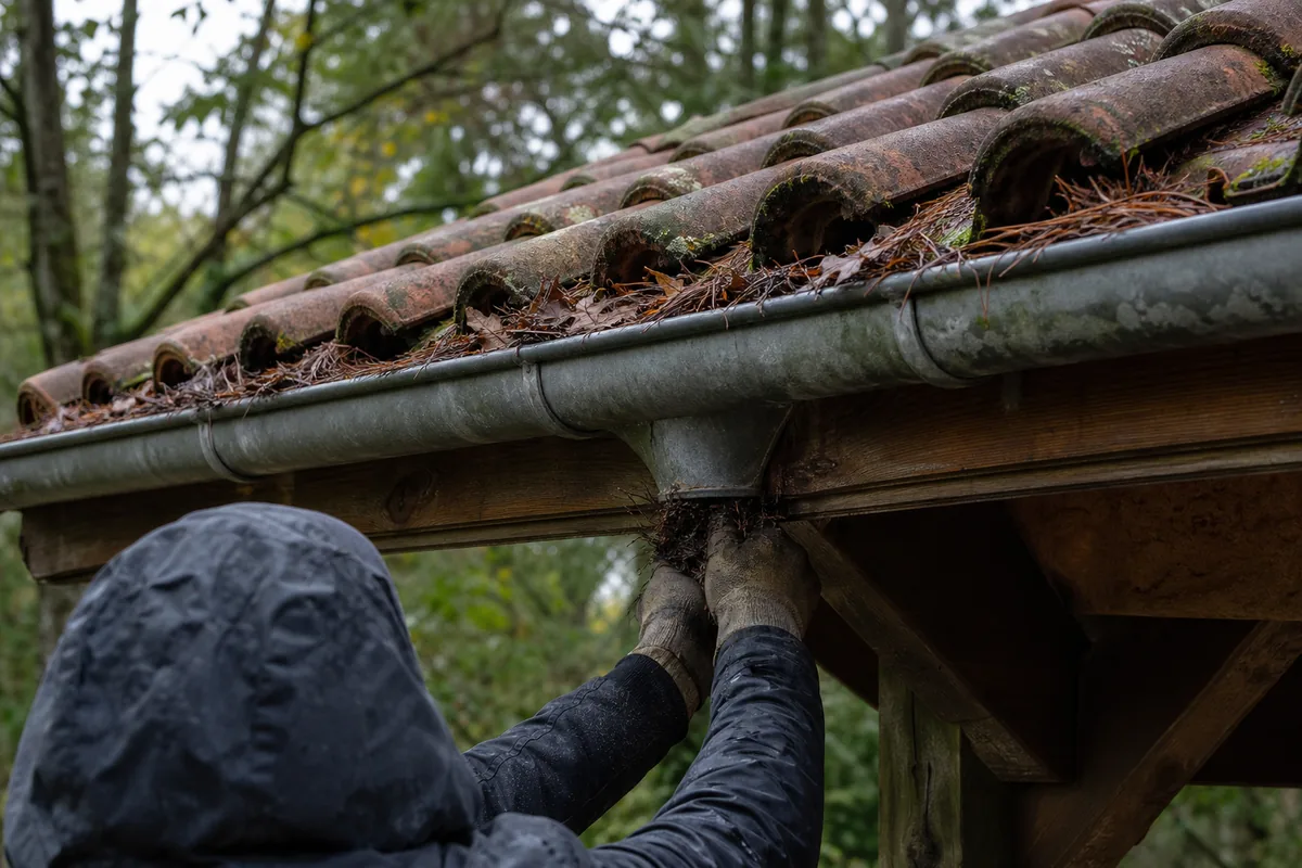 Chéneau en zinc encombré d&rsquo;aiguilles de pin le long d&rsquo;un débord de toit en bois mouluré