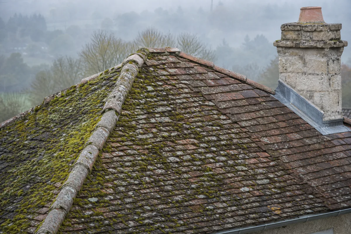 Toitures en tuile plate d&rsquo;un village de bord de Seine sous la brume matinale