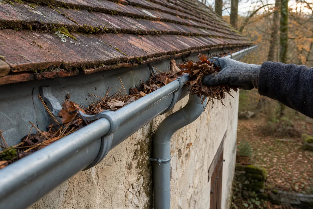 Gouttière en zinc encombrée de feuilles mortes le long d&rsquo;une maison en pierre calcaire