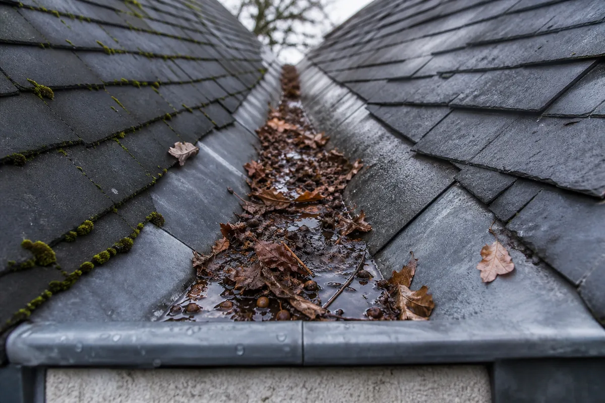 Chéneau de zinc chargé de feuilles mortes au droit d’une noue sur une toiture d’ardoise en lisière de forêt
