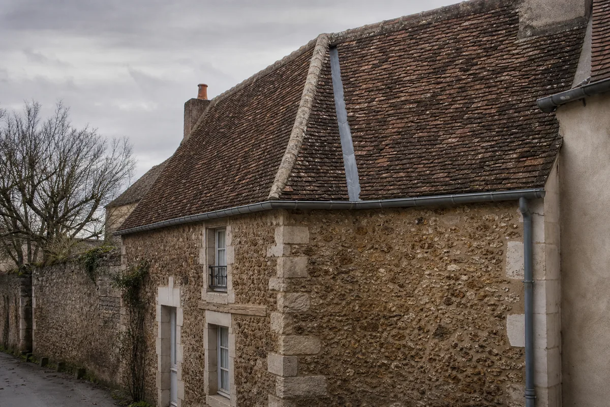 Maison de bourg en meulière coiffée de tuile plate ancienne dans une rue du centre de Melun
