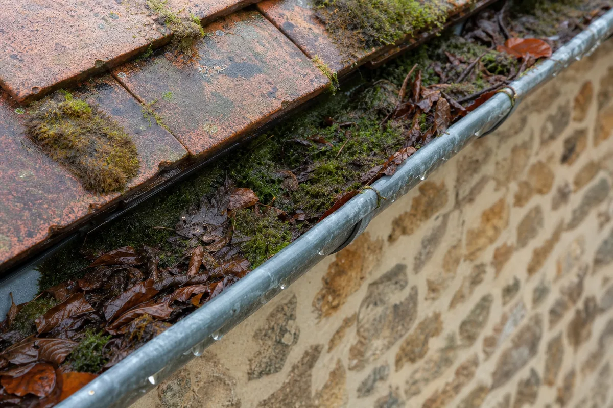 Gouttière en zinc encombrée de feuilles mortes le long d’une maison en meulière à Melun