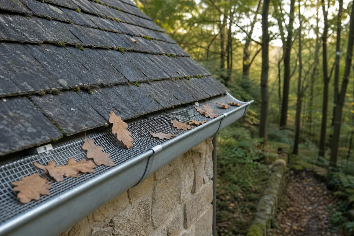 Grille anti-feuilles posée sur une gouttière en zinc d’une maison de lisière de forêt