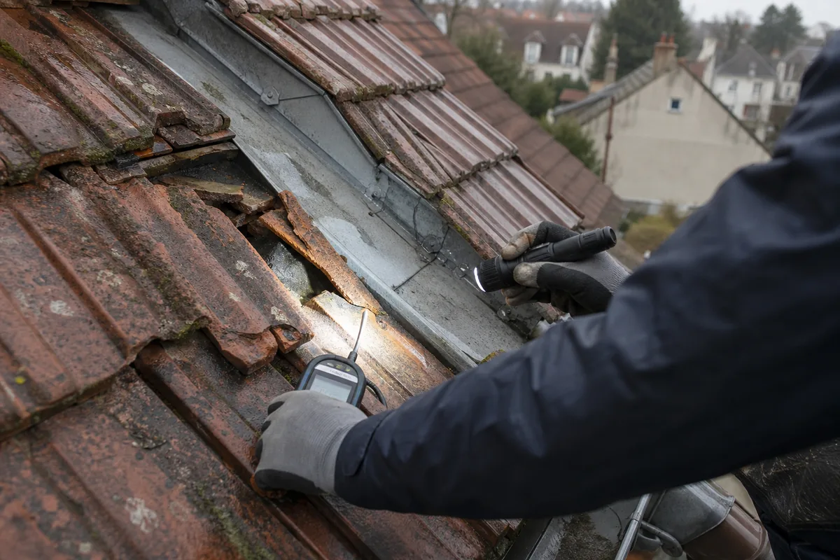 Auréole d&rsquo;infiltration brune sur un plafond de chambre sous les combles, lumière rasante de fin de journée
