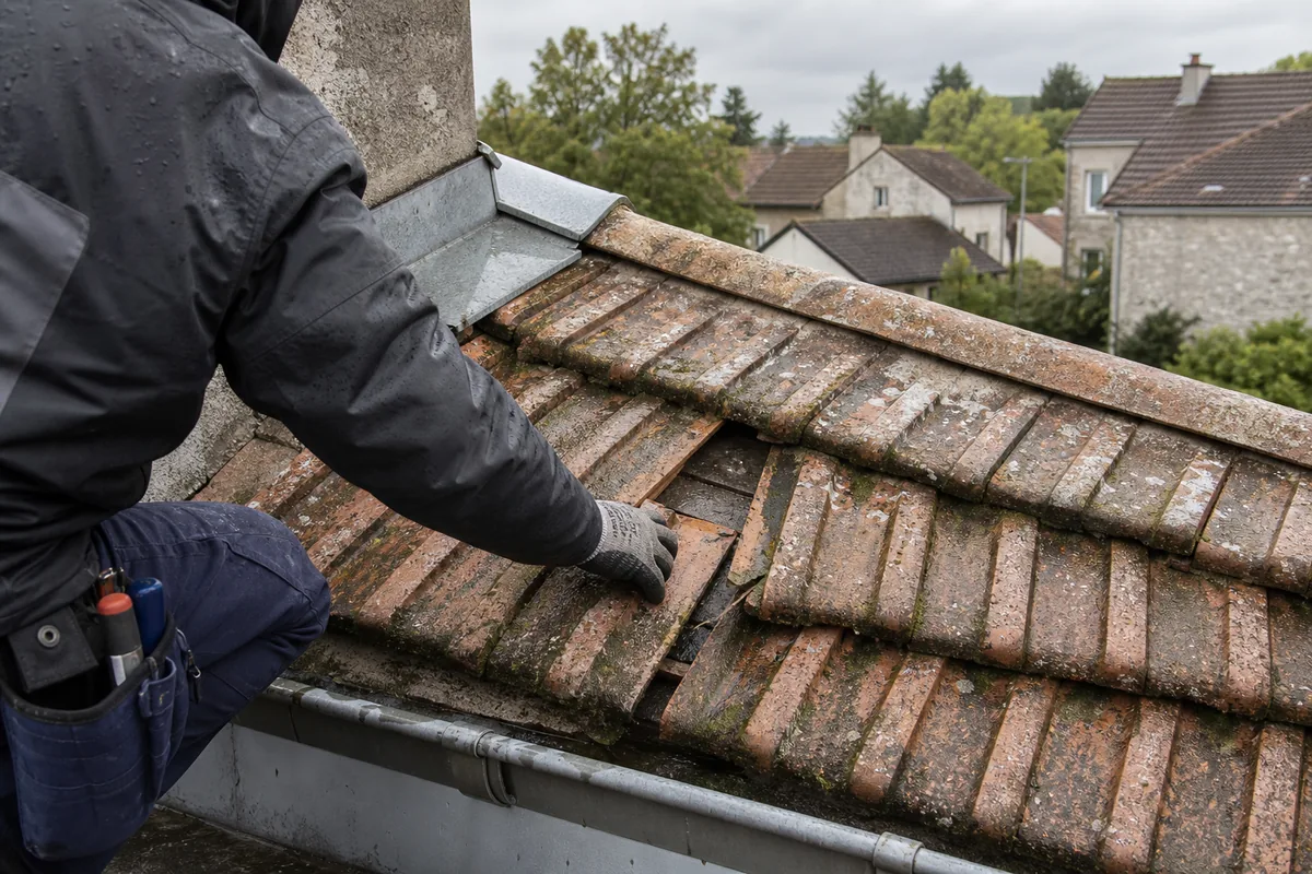Détail d&rsquo;une noue en zinc encombrée de feuilles entre deux versants en tuile plate, toiture ancienne du sud Seine-et-Marne