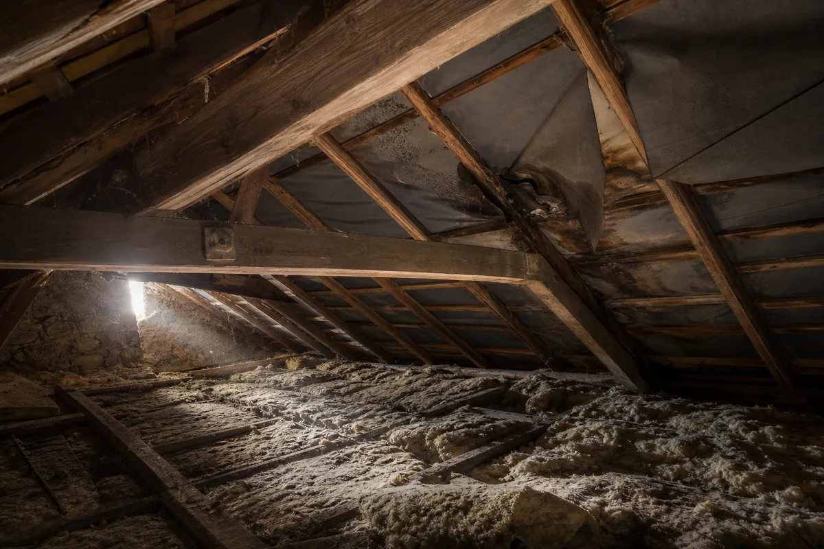 Sous-face de charpente en combles avec traces d&rsquo;humidité sur les chevrons