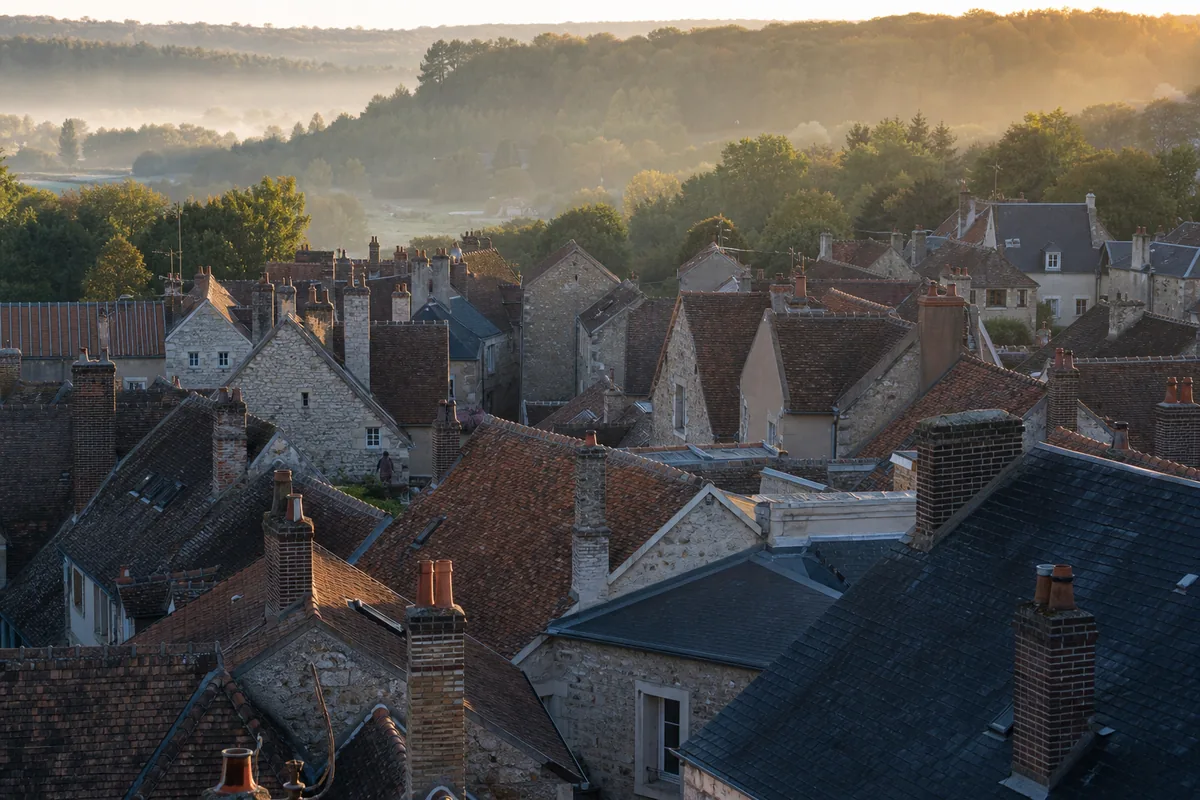 Toits en tuile plate et en ardoise d&rsquo;un quartier de Melun observés depuis un point haut en fin de journée