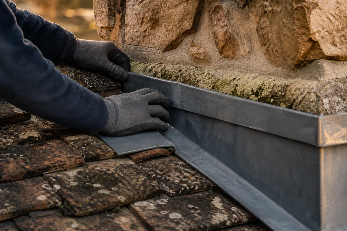 Détail d&rsquo;un solin de zinc contre une souche de cheminée en meulière, lumière rasante de fin de journée